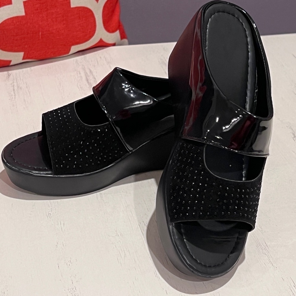 NWOT - Black Patent Leather Mule Sandals with Black Rhinestone Accents